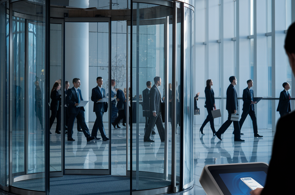 Geschäftsleute gehen durch ein modernes Bürogebäude mit Drehtüren