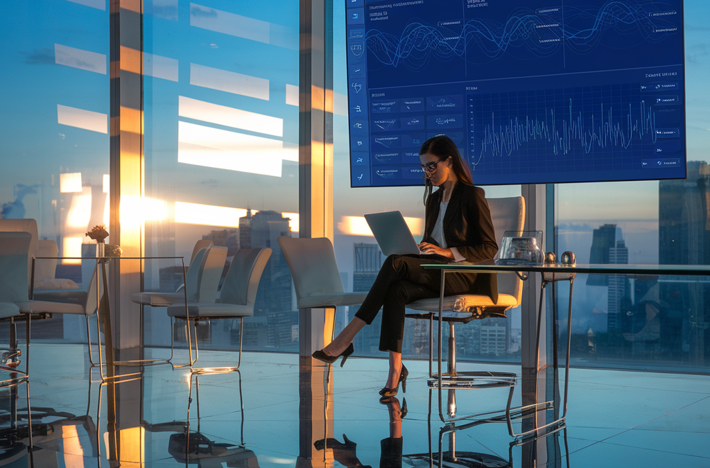 Frau arbeitet auf einem Laptop in einem modernen Büro mit Blick auf die Stadt bei Sonnenuntergang.