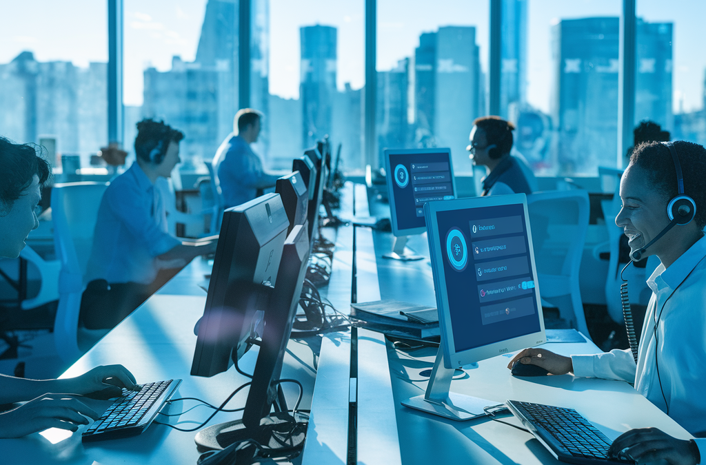 Ein geschäftiges Callcenter mit Mitarbeitern, die an Computern arbeiten