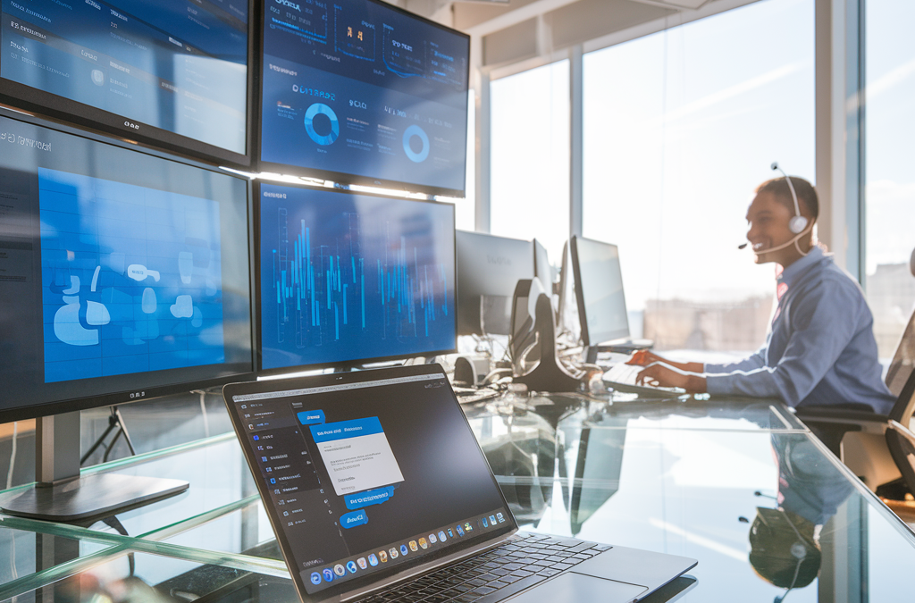 Mann mit Headset arbeitet an mehreren Monitoren in einem modernen Büro.