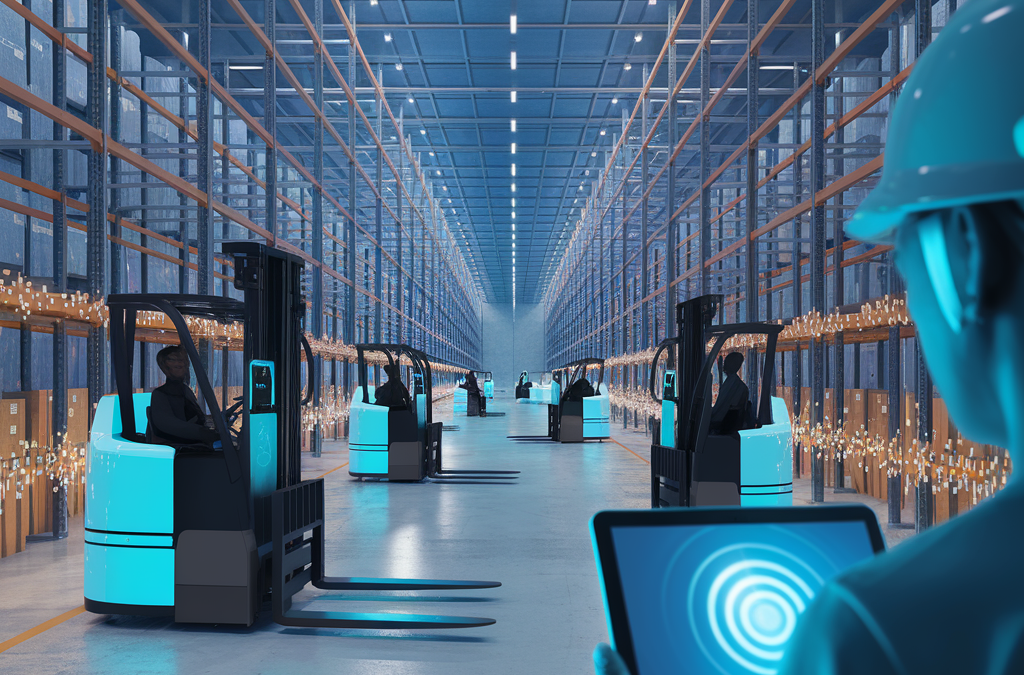 Futuristisches Logistiklager mit automatisierten Gabelstaplern