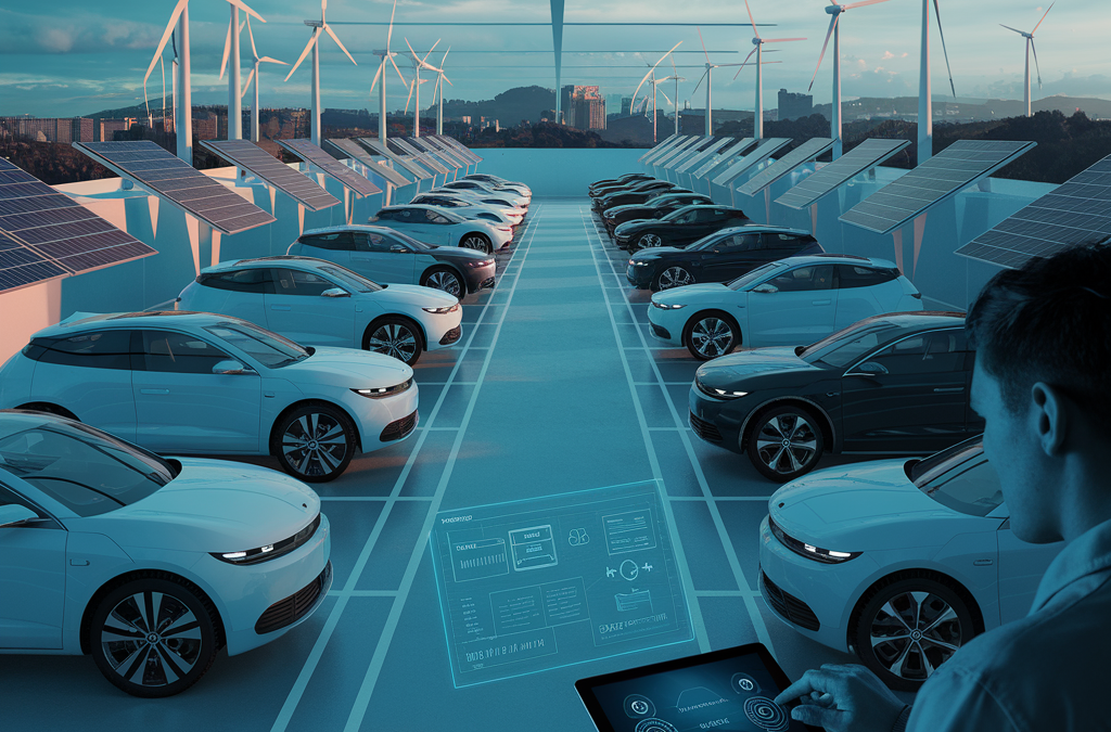 Mann steuert Elektroautos auf Parkdeck mit Windturbinen und Solarpanelen