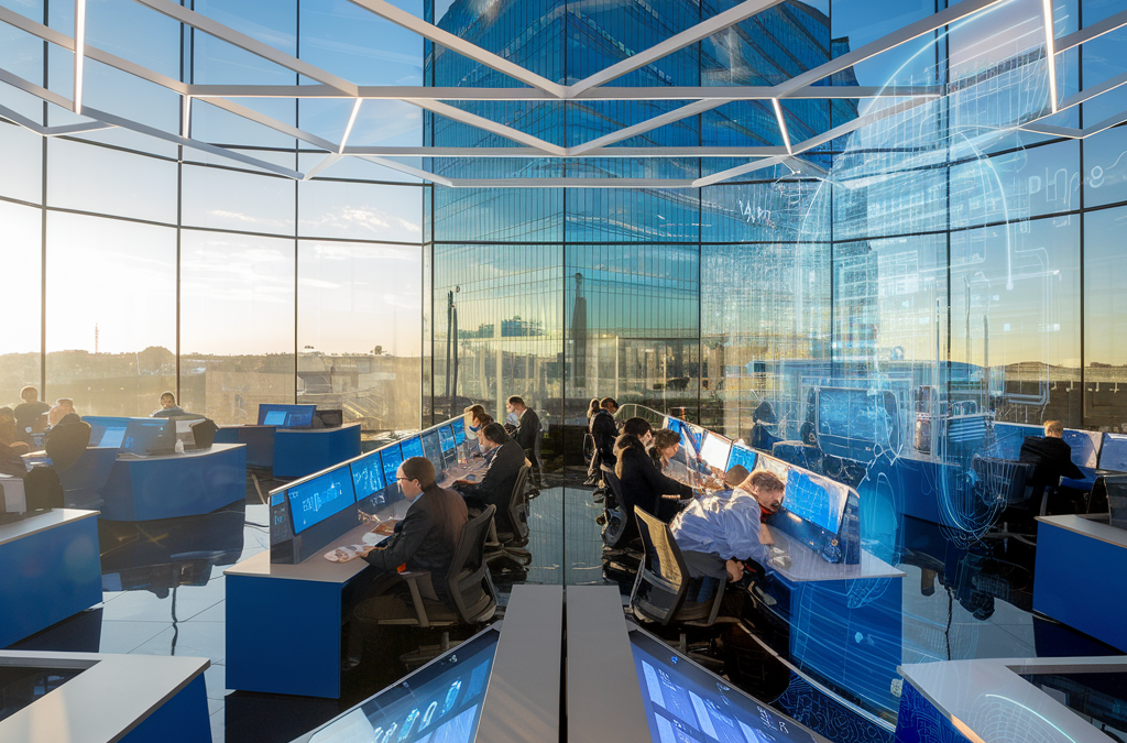 Ein modernes Büro mit großen Glaswänden und mehreren Personen, die an Computerstationen arbeiten.