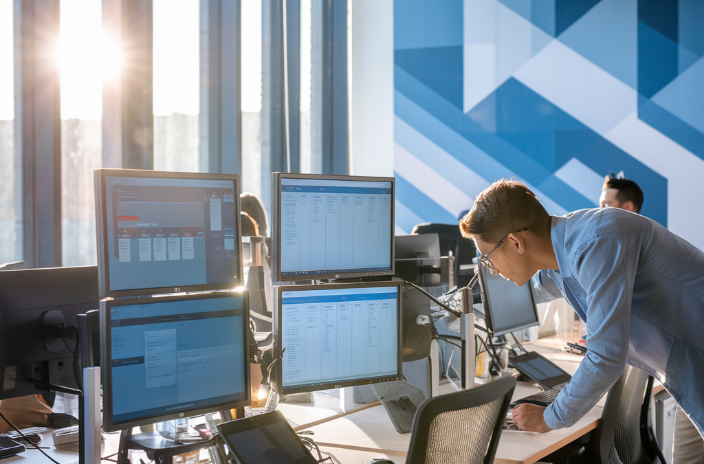 Mann arbeitet an Computerbildschirmen in einem modernen Büro