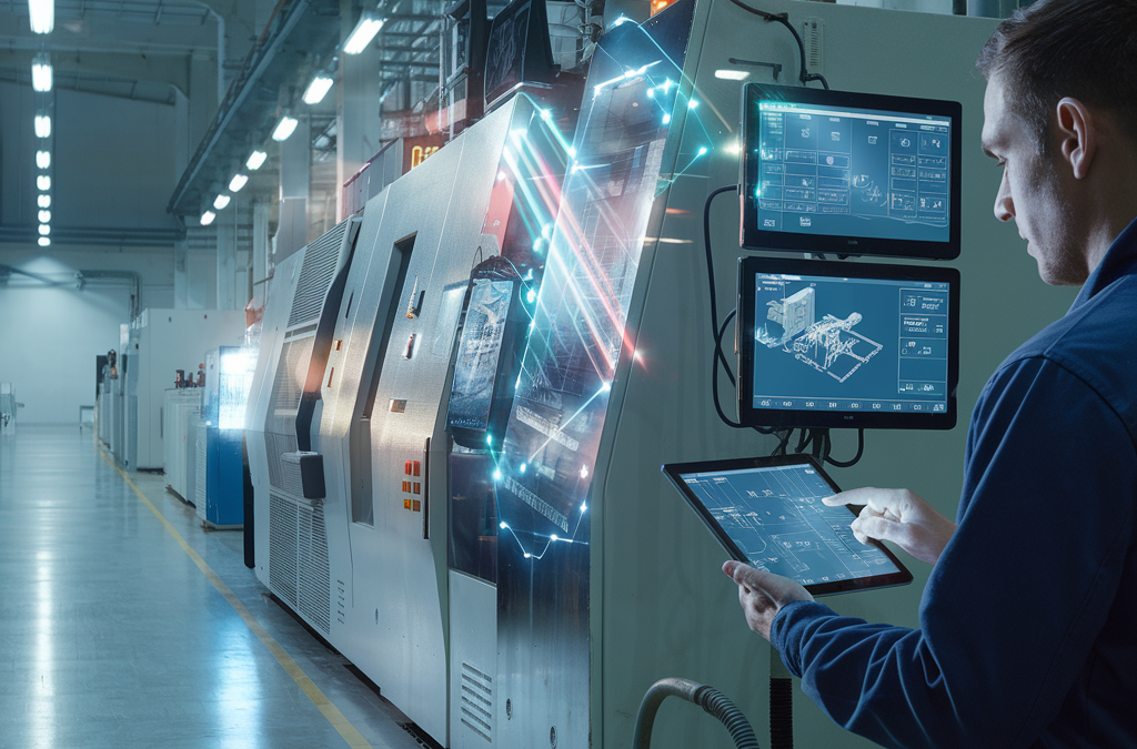 Mann in einer Fabrik bedient moderne Maschinen mit digitalen Anzeigen