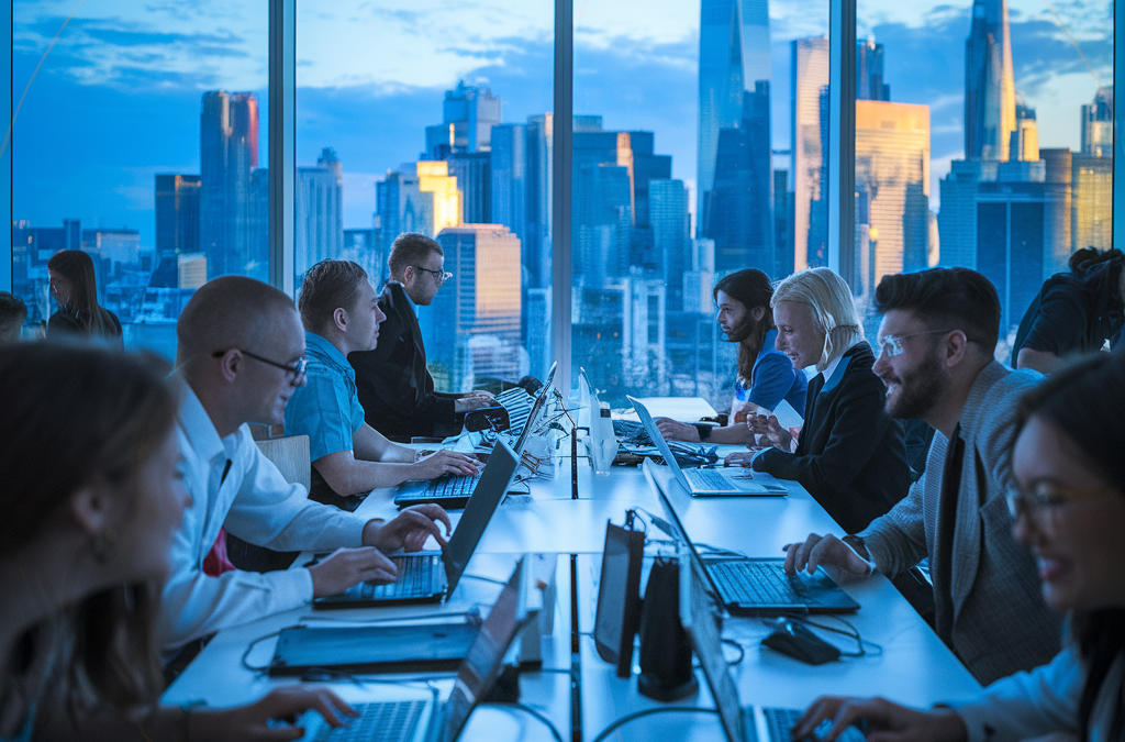 Menschen arbeiten an Laptops in einem modernen Büro mit Blick auf die Skyline einer Großstadt.