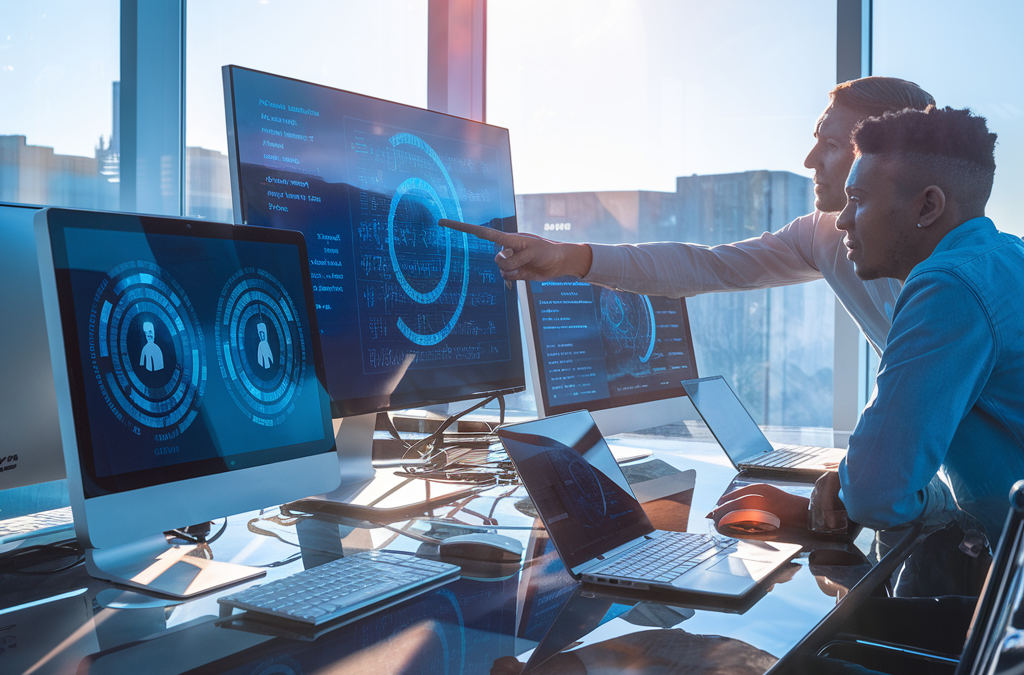 Zwei Personen analysieren Daten auf mehreren Computerbildschirmen bei Sonnenuntergang.