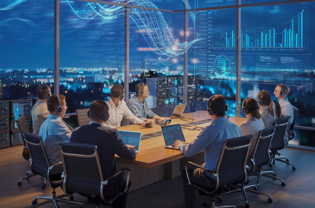 Gruppe von Personen in einem modernen Konferenzraum mit Laptops und digitalen Diagrammen an den Glasscheiben