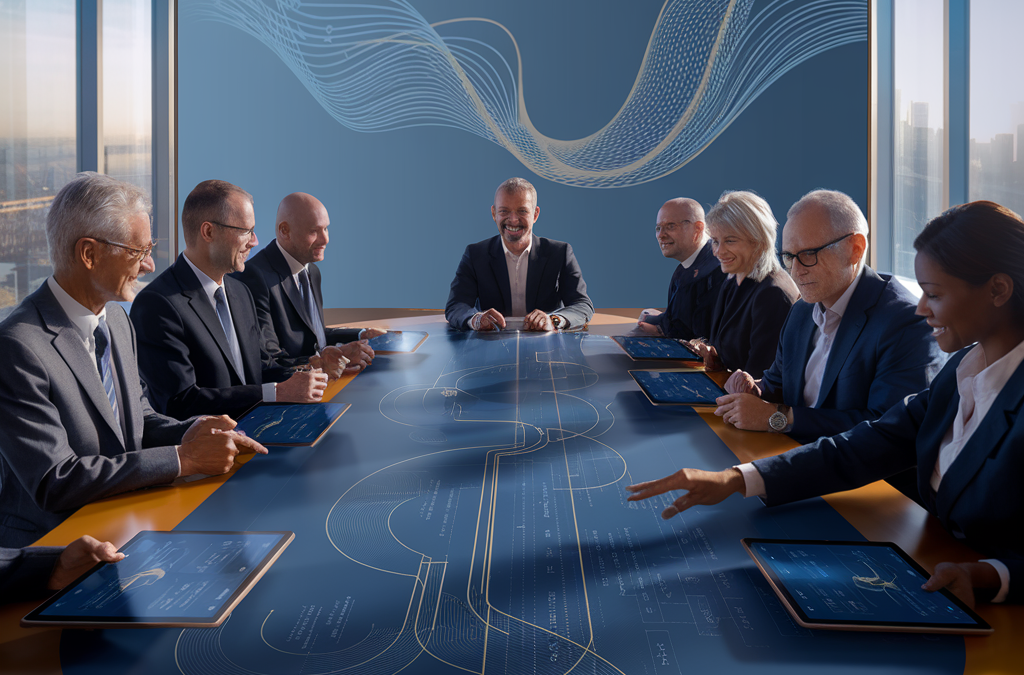 Geschäftstreffen mehrerer Geschäftsleute an einem runden Tisch mit digitalen Diagrammen auf den Tablets.