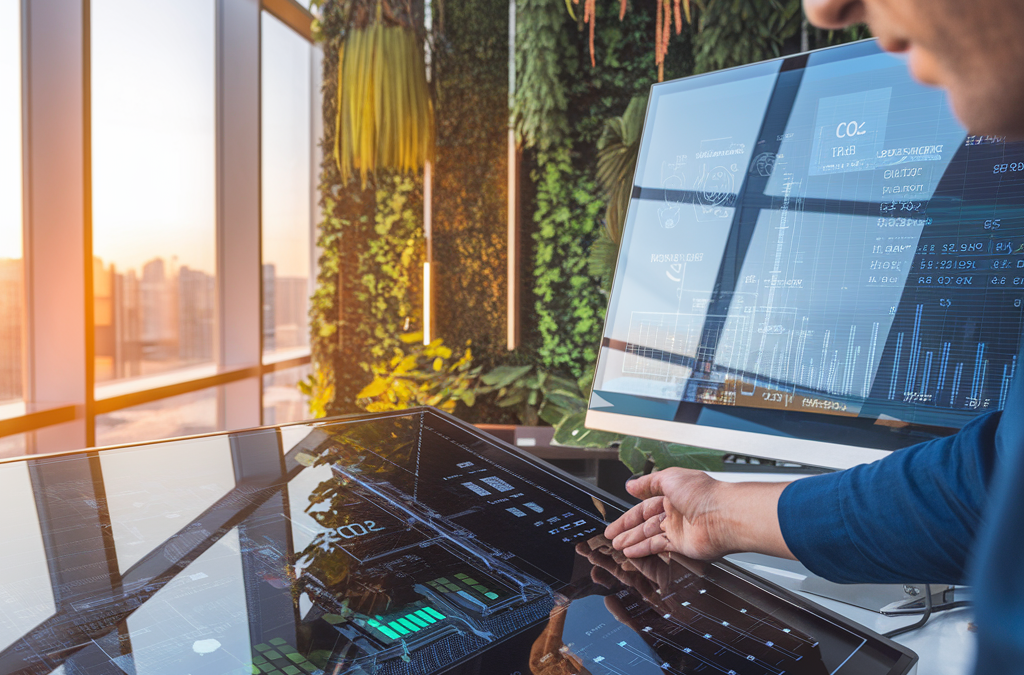 Mann arbeitet an einem futuristischen Touchscreen in einem Büro mit vertikalem Garten und Blick auf die Stadt.