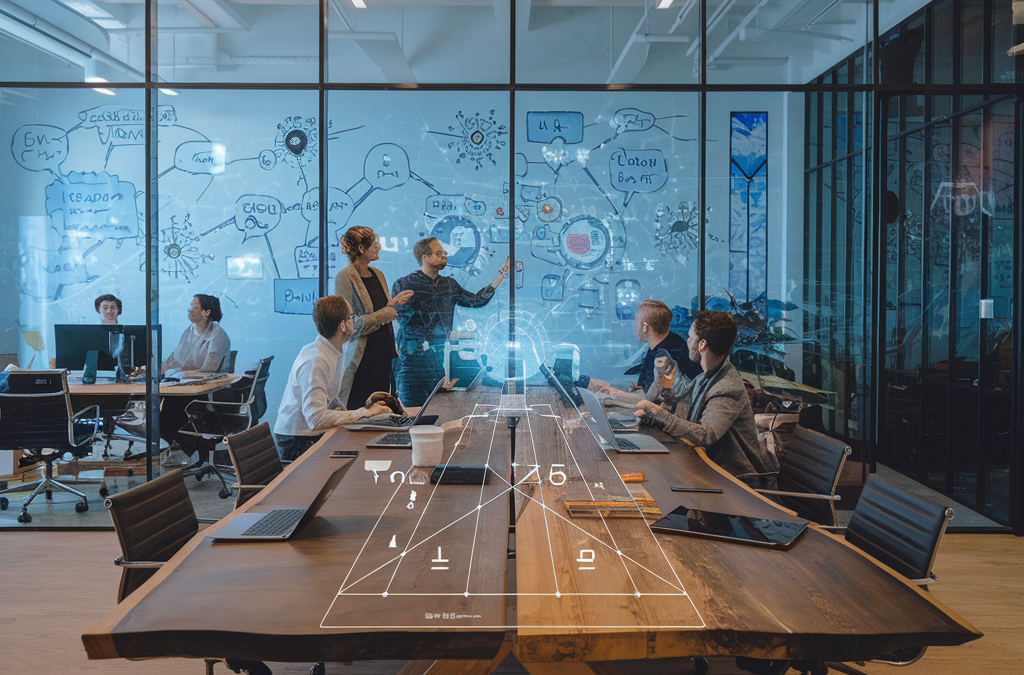 Team arbeitet in modernem Konferenzraum mit Glaswänden und digitalen Diagrammen auf dem Bildschirm