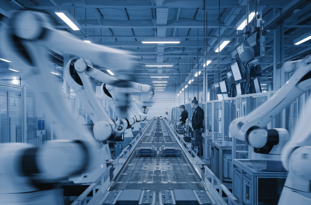 Fabrikhalle mit automatisierten Roboterarmen auf einem Förderband